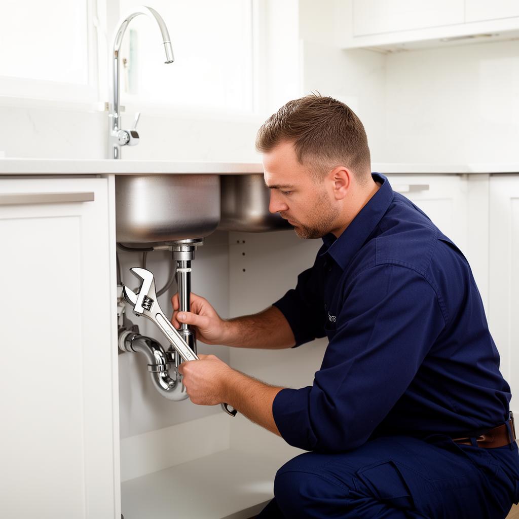 Professional plumber repairing kitchen sink pipes