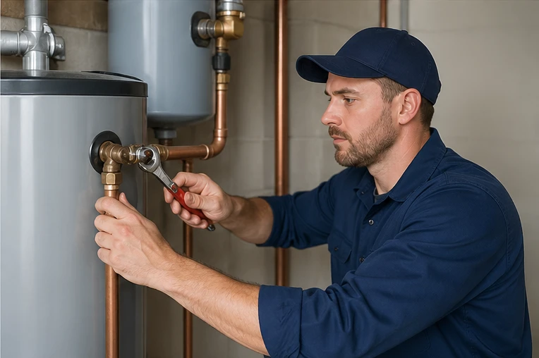 Plumber repairing bathroom faucet